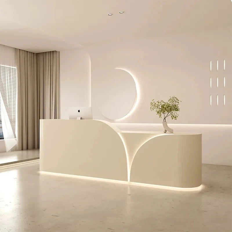 custom.Modern High-End Wooden Oval Reception Desk Storage Lights Mall Hotel Lobby Clothing Commercial Spa