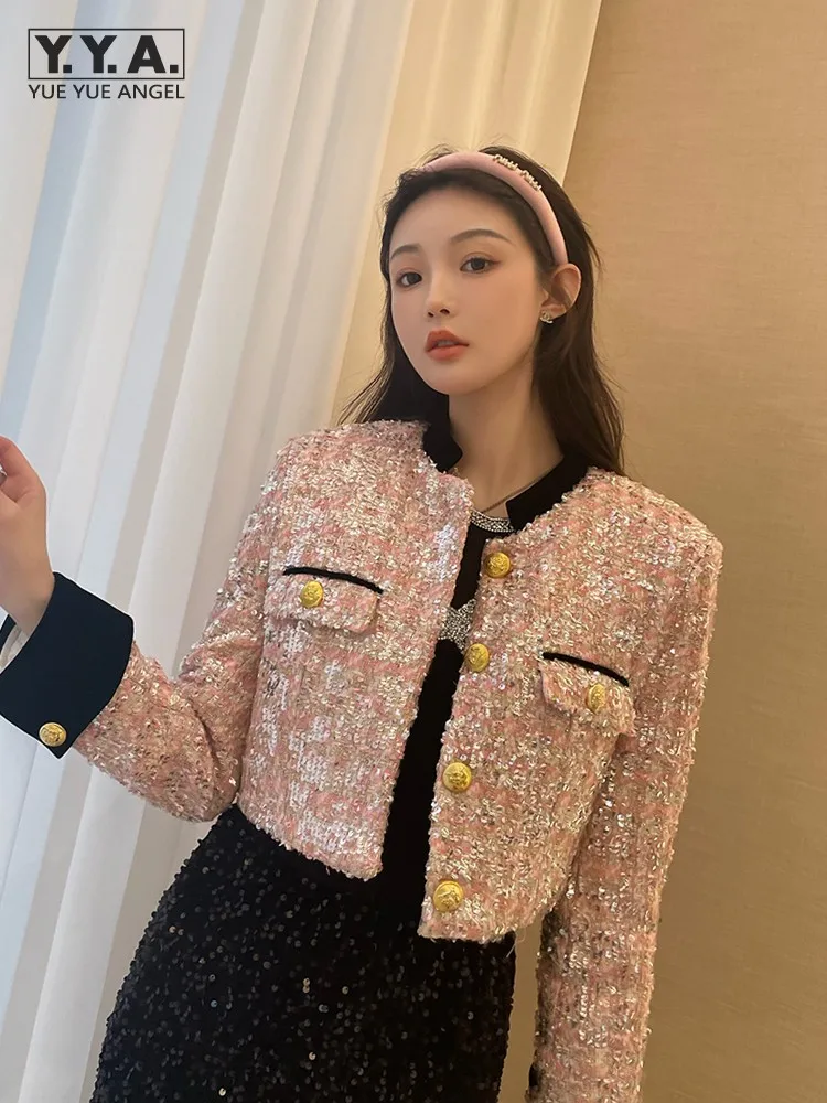 

New Spring Office Ladies Tweed Jacket Stand Collar Elegant Pink Short Coat Fashion Long Sleeve Sequined Party Women Outerwear