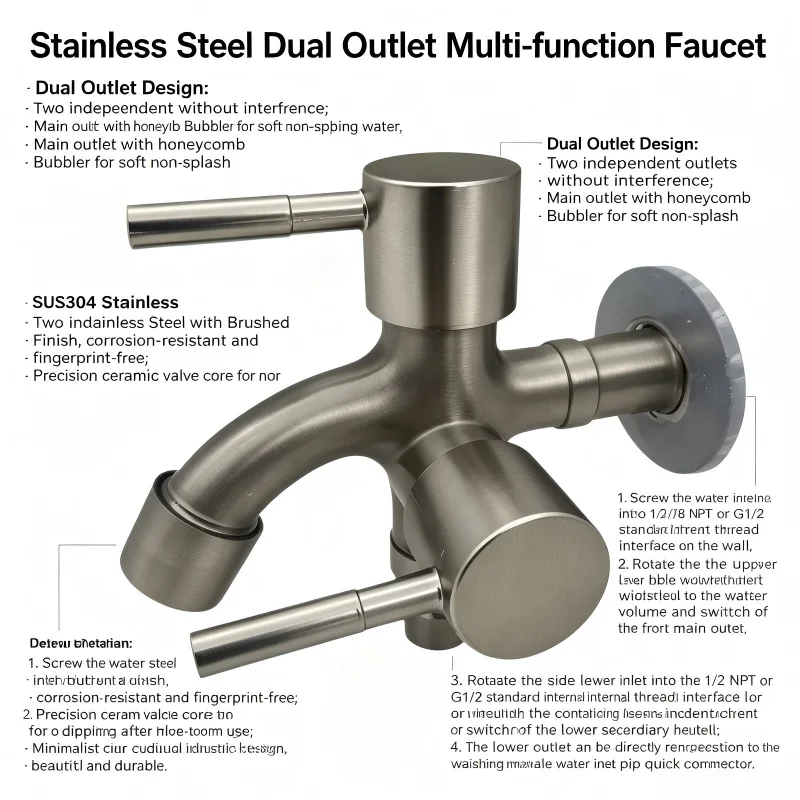 Dual Spout Water Tap Multi‑Purpose Double Outlet Faucet for Laundry Sink and Washing Machine Connection