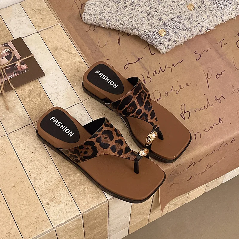 Women Wedge Platform Flip Flops Summer Leopard Solid Color Tabi Sandals Fashion French Style Beach Slippers Outdoor Casual Shoes