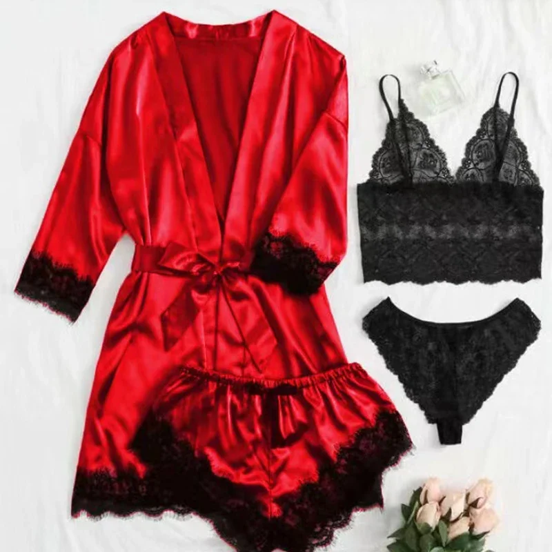 

Black Sexy Women's Pajamas Satin 4-piece Lace Silk Suspender Tops Shorts Robe Pajamas Set Nightgown Underwear Nightdress Suit