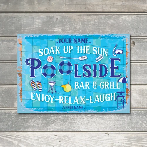 Personalised Poolside Bar & Grill Sign Customized Wall Decor Gift Metal Plaque