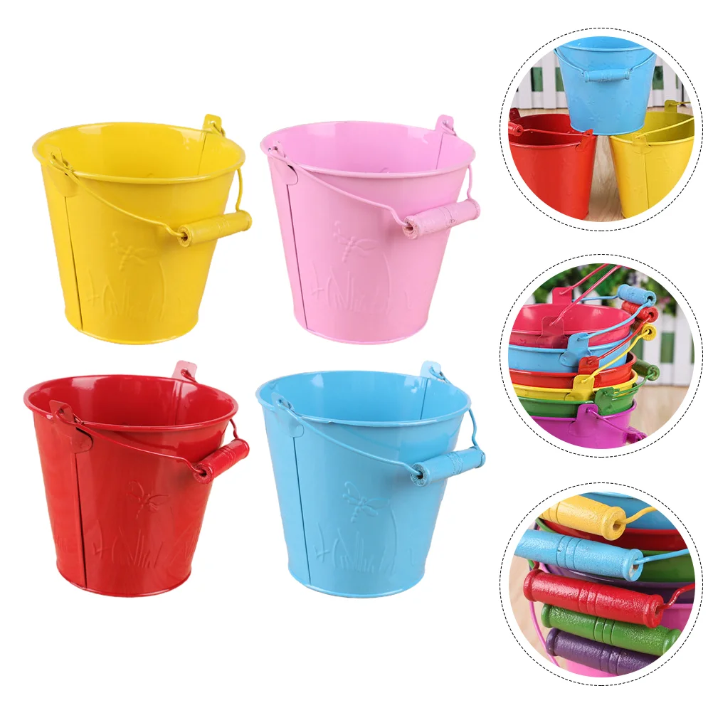4 Pcs Beach Bucket Children's Sand Toys Buckets Tinplate Metal Play Mini Wooden Handle Kid