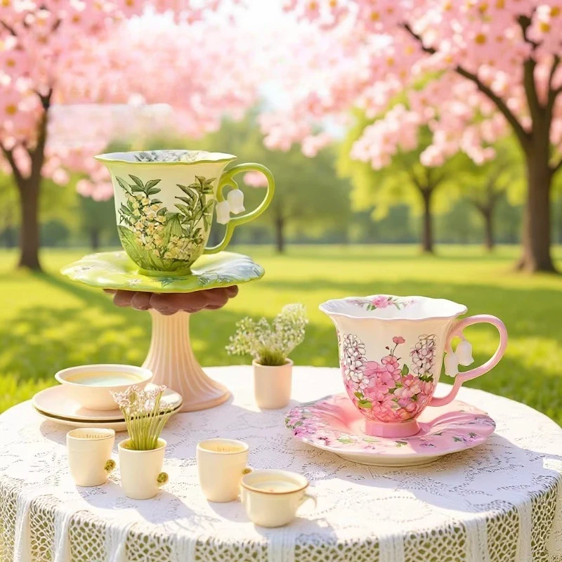 Valley Tea And Coffee - セラミック製コーヒーカップ＆ソーサーセット、スズラン柄、ヨーロッパ風のヴィンテージデザインで美しいラテカップ、アフタヌーンティーのギフトボックス。