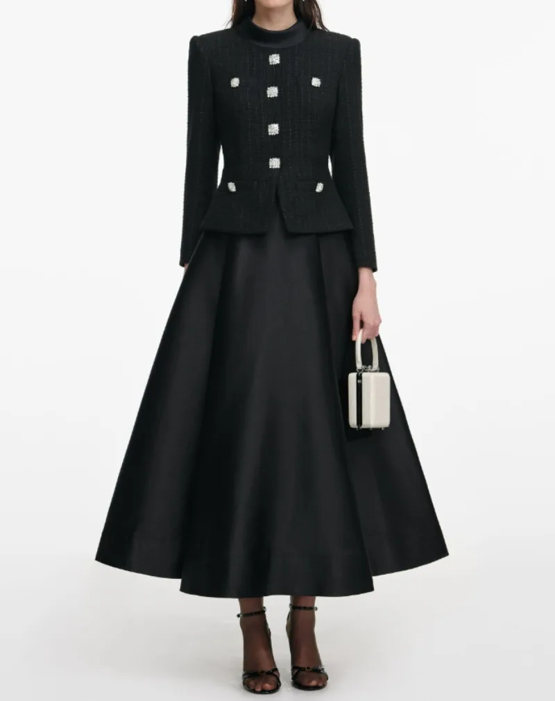 فستان نسائي أسود من التويد بأكمام طويلة ورقبة دائرية عتيق أنيق من فيستدوس ضيق عالي الخصر ملابس أنيقة للسيدات