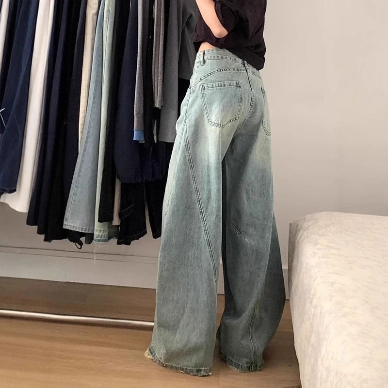 2025 가을 한국 여성 청바지 레트로 하이 웨이스트 청바지 스트레이트 레그 팬츠 배기 청바지 찢어진 청바지