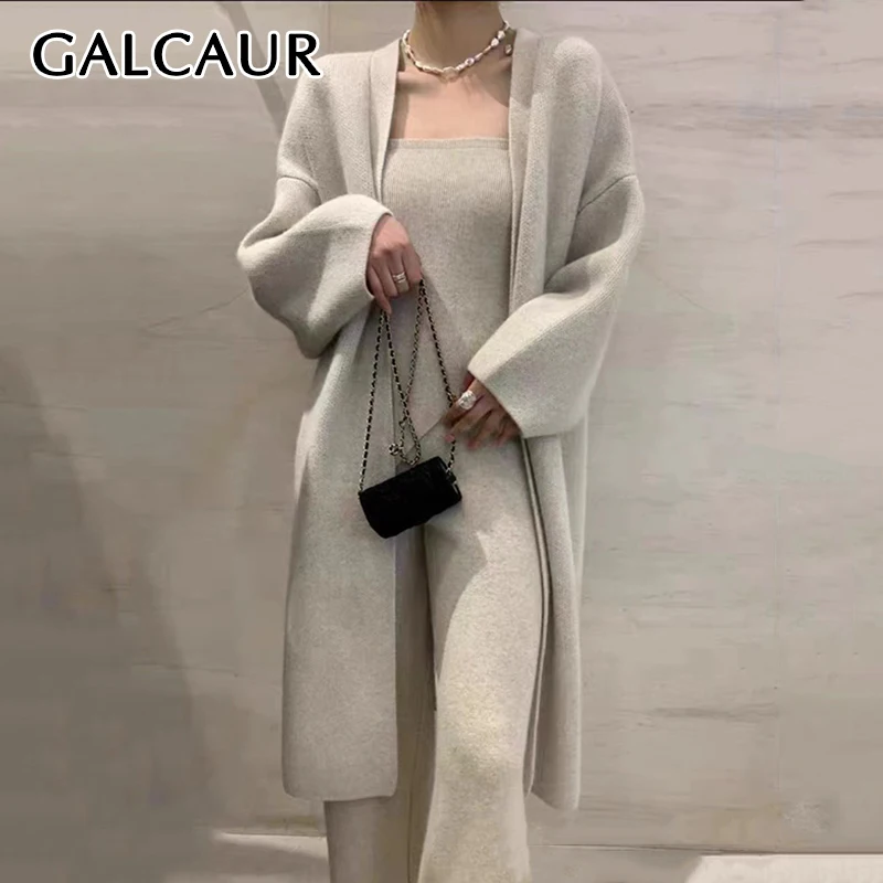 GALCAUR Three Piece Sets For Women Cardigan Sweater With Tube Top High Waist Wide Leg Pants Temperament Solid Outfits Female New