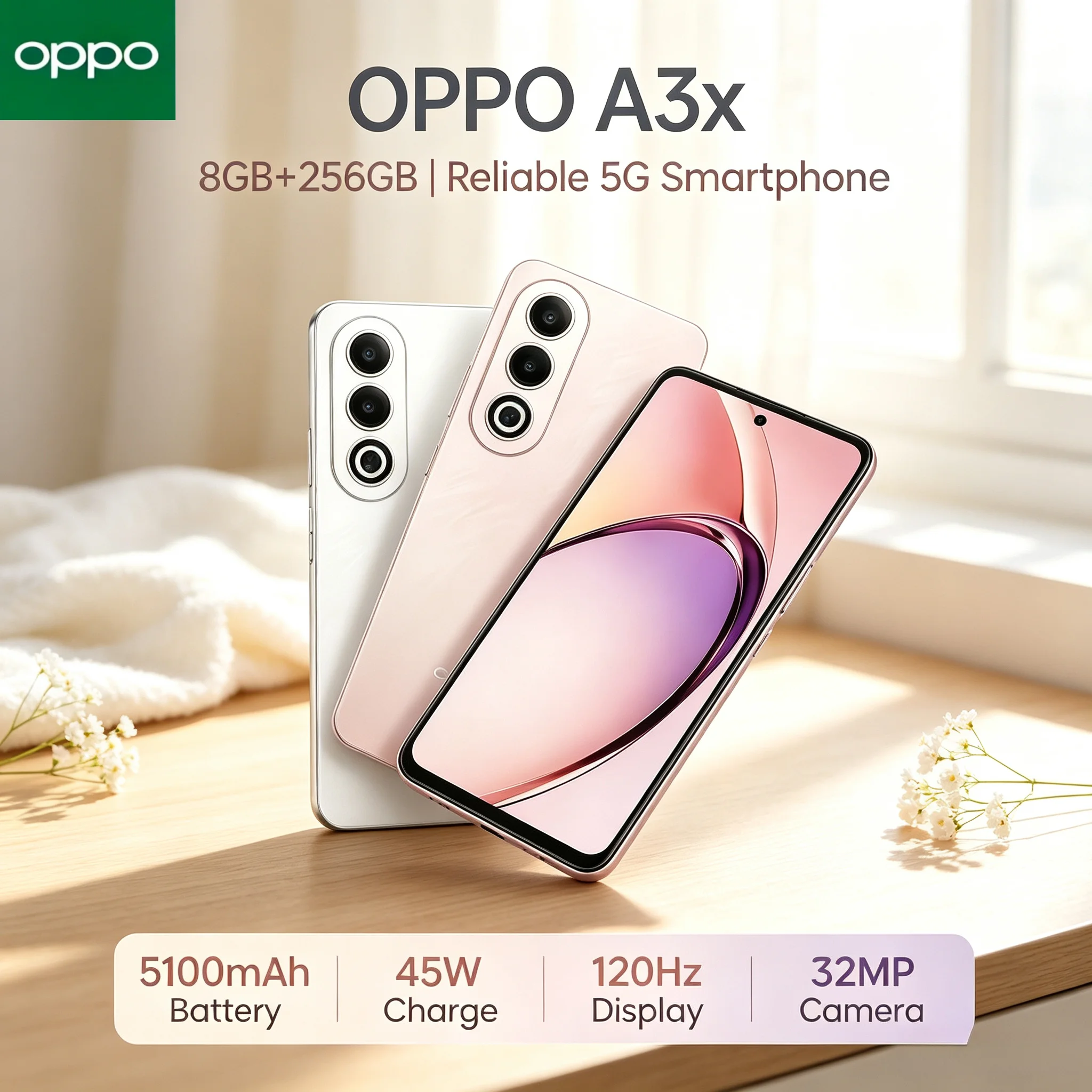 OPPO A3X 2026 Smartphone - 8GB RAM 256GB ROM Mediatek Helio P35 Octa-Core Processor 6.5' HD+ Display Dual 13MP + 2MP Camera