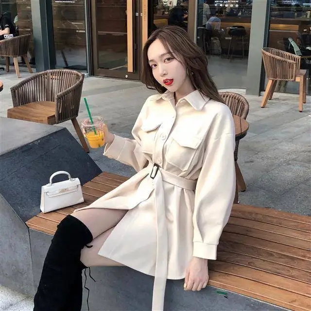 한국 스타일 헵번 울 코트 여성 학생 중간 길이 벨트 트렌치 겨울 슬림 핏 패션 오버코트