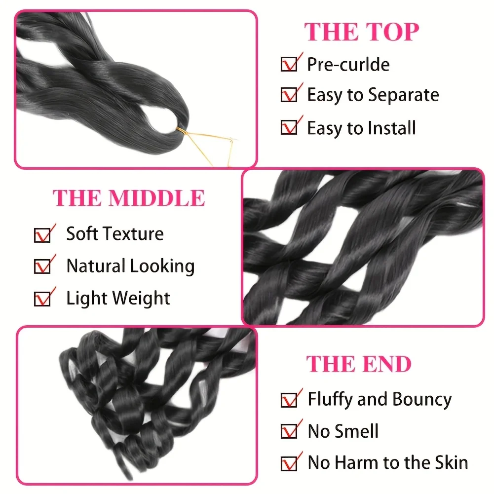 8本/セット 24インチ フレンチカール 合成クロシェヘア、プレストレッチ ルーズウェーブ プレカールド ボヘミアン ボックスブレイズ用、ハロウィン クリスマス