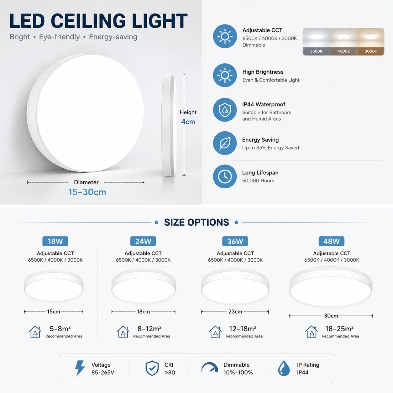 Modern 18-48W LED Ceiling Light 4320 Lumens Ceiling Lamp 3000K-6000K Home Lighting Fixture for Living Room Bedroom Kitchen 3 Sol