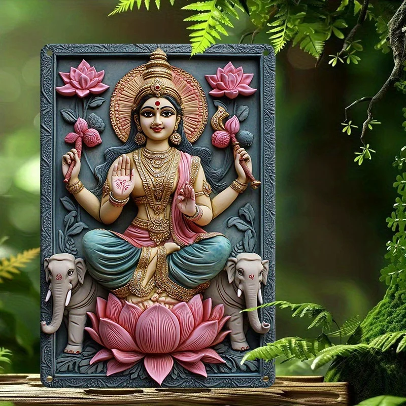 

1pc, Hindu Goddess Lakshmi Aluminum Sign, 8x12 Inch, Water-Resistant Metal Art with Elephants and Lotus, Home & Cafe Wall Decor