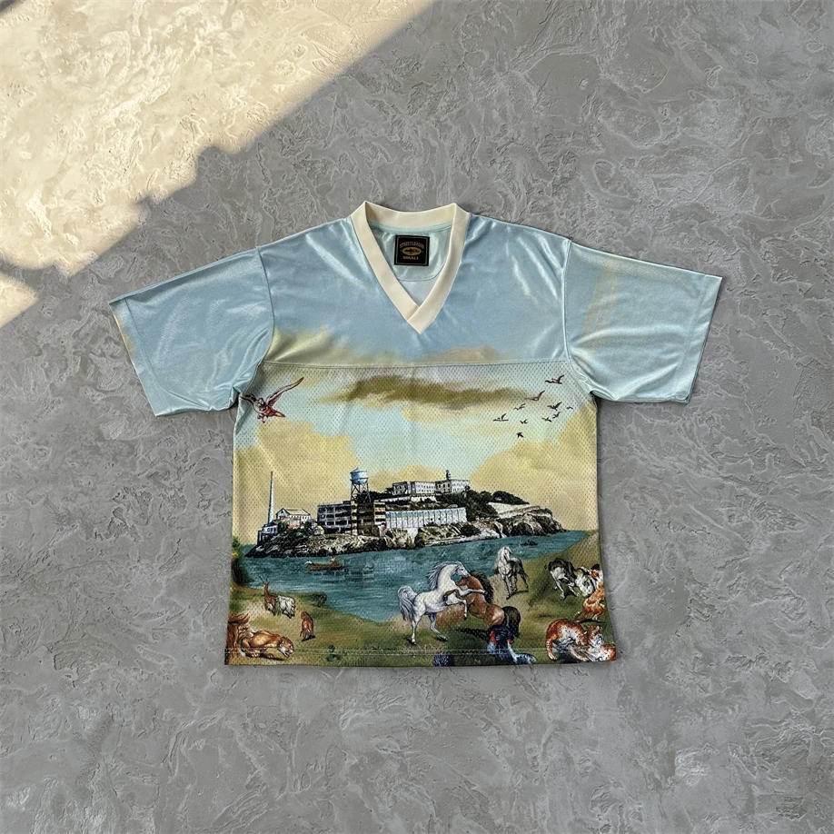 ファイオナブル デビル アイランド 油絵プリント Vネック 目を引くTシャツ カジュアルトップ メンズ＆レディース ハイストリート スタイル