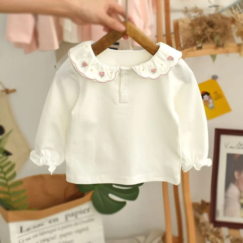 T-shirt Western Style Childrens Personality Trend Korean Version Sweet Embroidery Lace Doll Collar Base Shirt Simple Classic