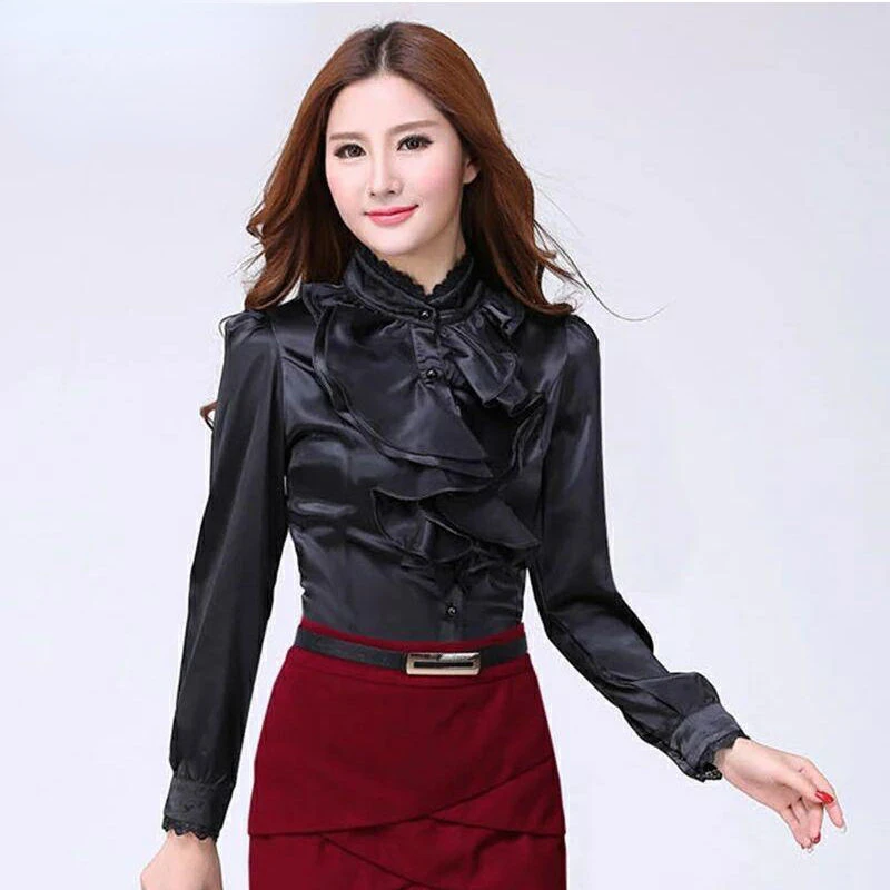 2023 Spring Fashion Women's Top with Long Sleeve Imitation Silk Shirt Lace Ruffle Trim Office Dress Shirt