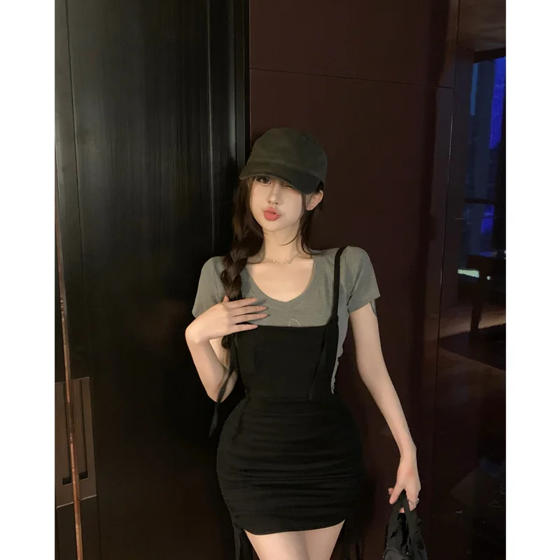 2023 Women' Clothing Black Strap Dress Sexy Sleeveless Fit Waist Self Cultivation Wrap Hip Short Dress Pair Design Chic Top Set