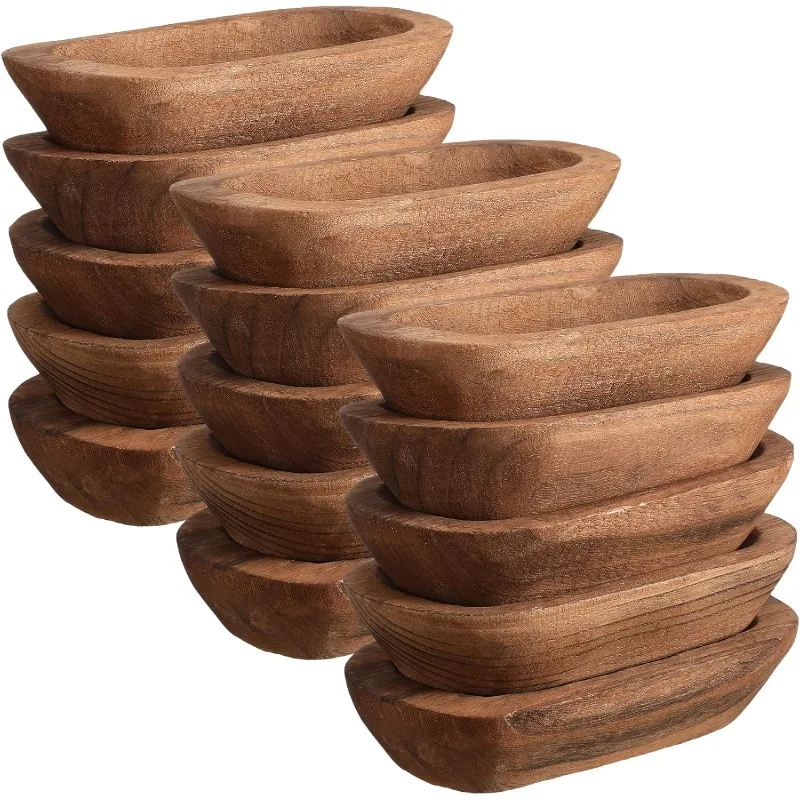 15 Pcs 9.5 Inch Wood Dough Bowl Bulk Rustic Vintage Hand Carved Paulownia Wooden Dough Bowls for Home Dining Holding