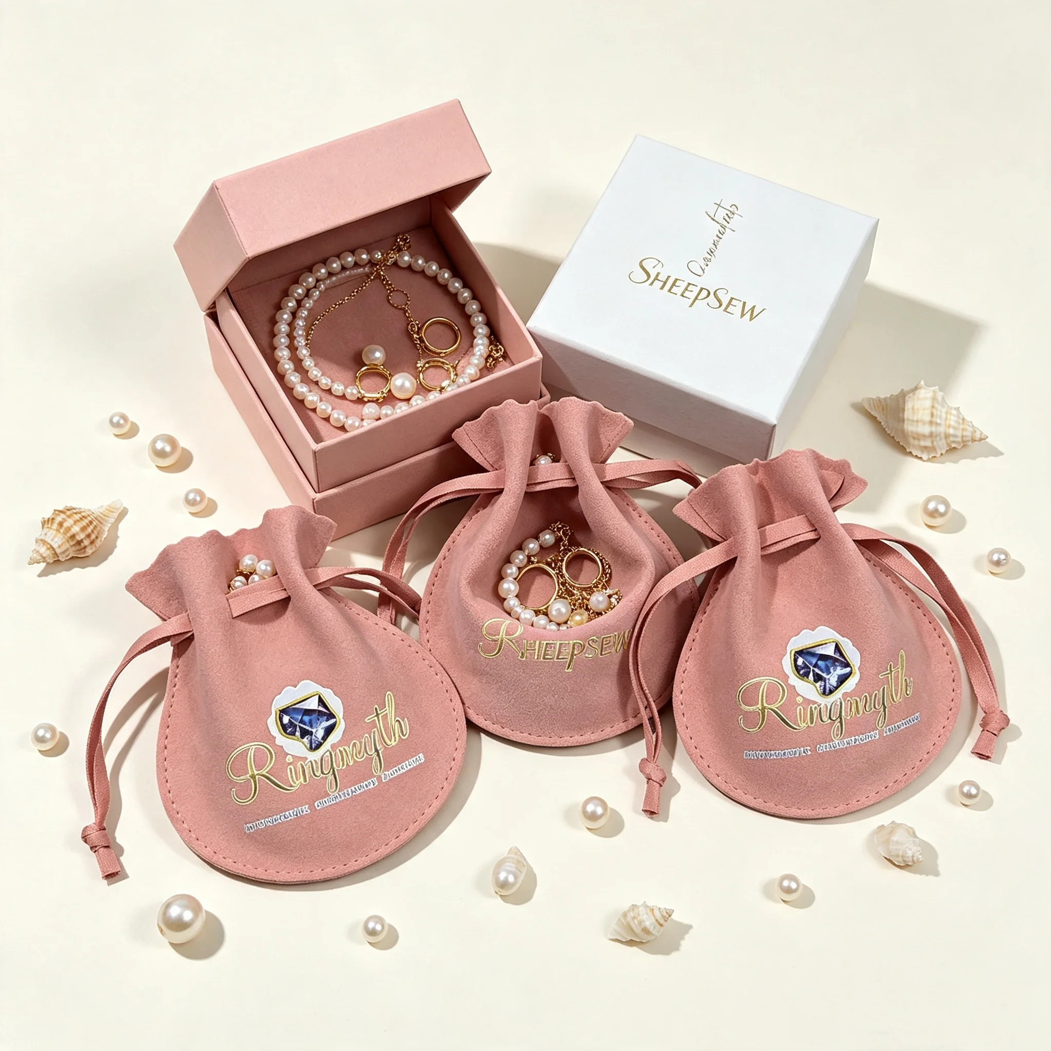 SheepSew Multi Color Custom Logo Microfiber Vegan Suede Drawstring Jewelry Storage Pouches, Customizable Faux Leather Jewellery