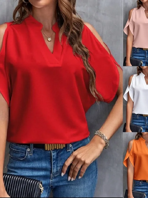 

Французский шифоновый топ с v-образным вырезом и овальными косточками, свободный ор Све, дышащий, однотонный, летнее, новое поступление, женская мода