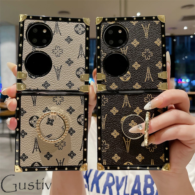 

Phone Case For Huawei P50 Pocket P60 P40 P30 P20 Lite Pro Luxury Retro Flower Geometric Pattern Soft Square Cases With Holder