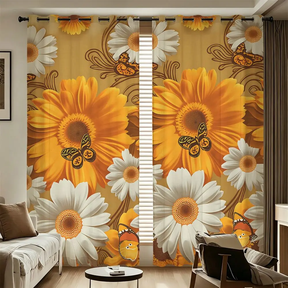 Sunflower Butterfly Print 2 Panels Curtains Printed Darkening Curtains Light Blocking Rate 85% Boho Living Decor Curtains