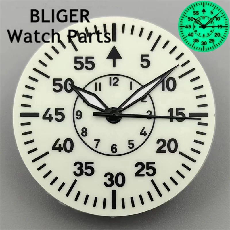 BLIGER 29mm Pilot Watch Dial Hand Set With Full C3 Green Luminous Creamy Black Blue Color For NH35 NH36 Movements