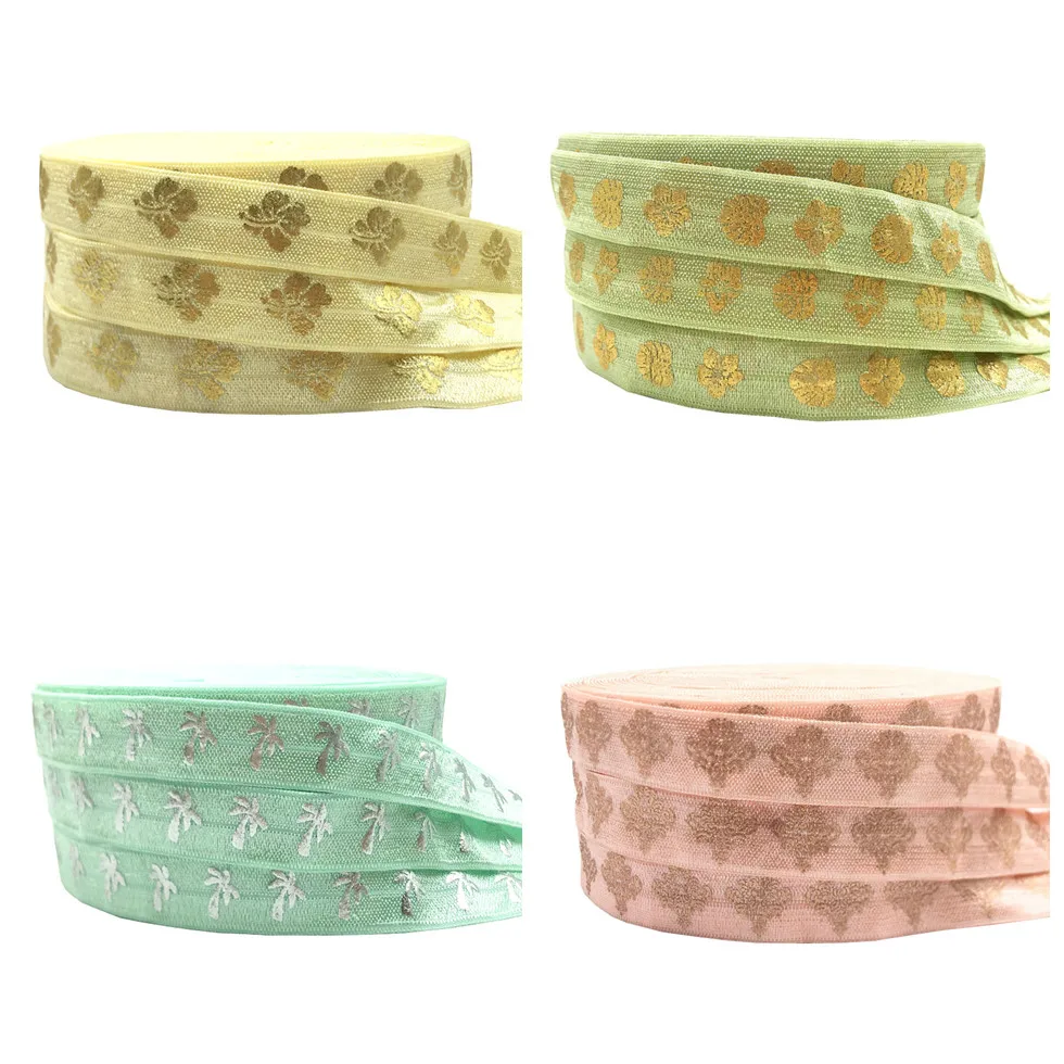 

10Yard Gold/Silver Foil Flower Leaf Tropical Palm Trees Print Fold Over Elastic 15MM FOE Ribbon For DIY Headwear Gift Accessorie