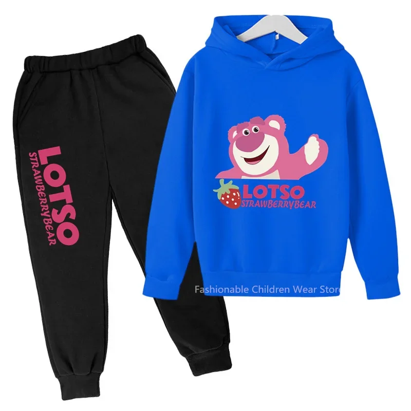 Trendsetting Strawberry Bear Print Outfit - Hoodie & Pants for Boys & Girls, Embracing Korean Street Style