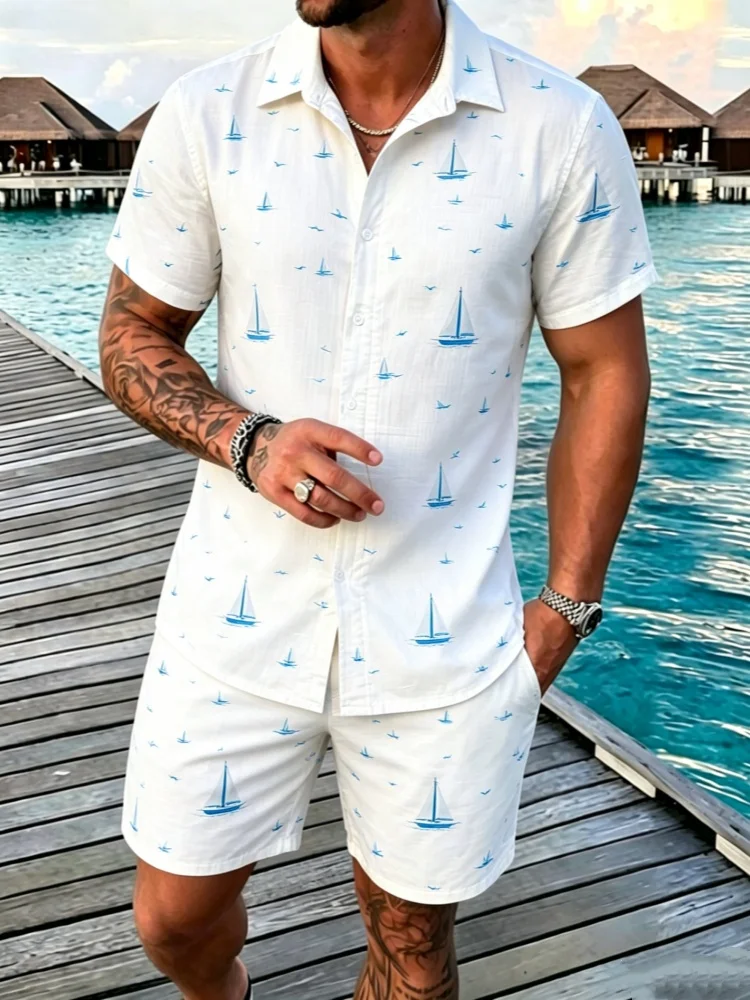 

Men's Short Sleeve Lapel Shirt & Shorts Set, Loose Comfort Sailboat Print Casual Summer Outfit