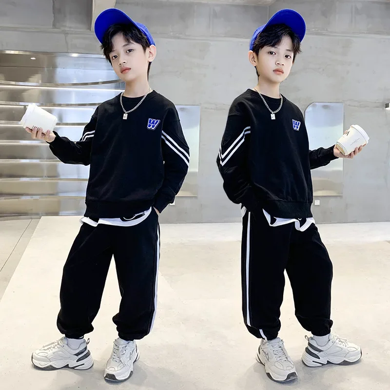 Autumn Spring Teen Boys Clothing Set Children Side Stripe Sweatshirt Pullover Top and Sport Pant Suit 2PCS Sport Outfits