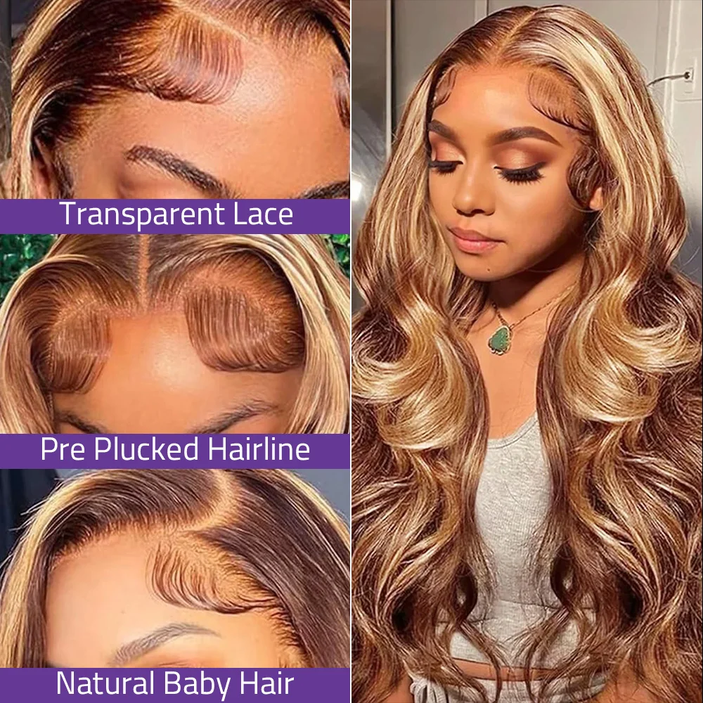 200% 4/24 하이라이트 바디 웨이브 레이스 프론탈 가발 13x6 HD 브라질리언 투명 36인치 프리 플러킹 100% 인모 레이스 프론트 가발