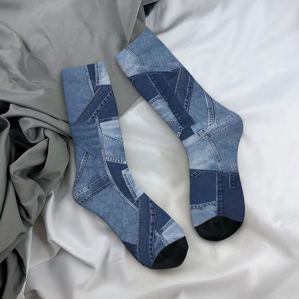 All Seasons Crew Stockings Faux Denim Texture Socks Crazy Hip Hop Long Socks for Men Women Valentine's Day Gifts