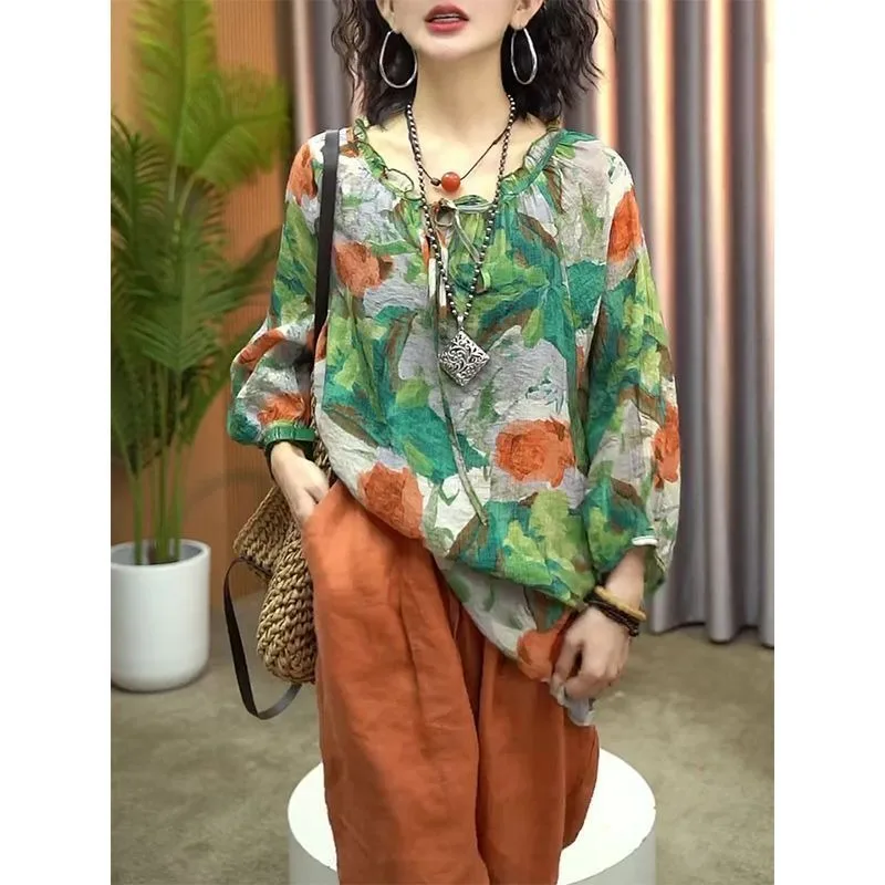 2024 Summer Women\'s New Pullover O-Neck Patchwork Printing Drawstring Cotton Hemp Comfortable Loose 3/4 Sleeve Blouses Shirts