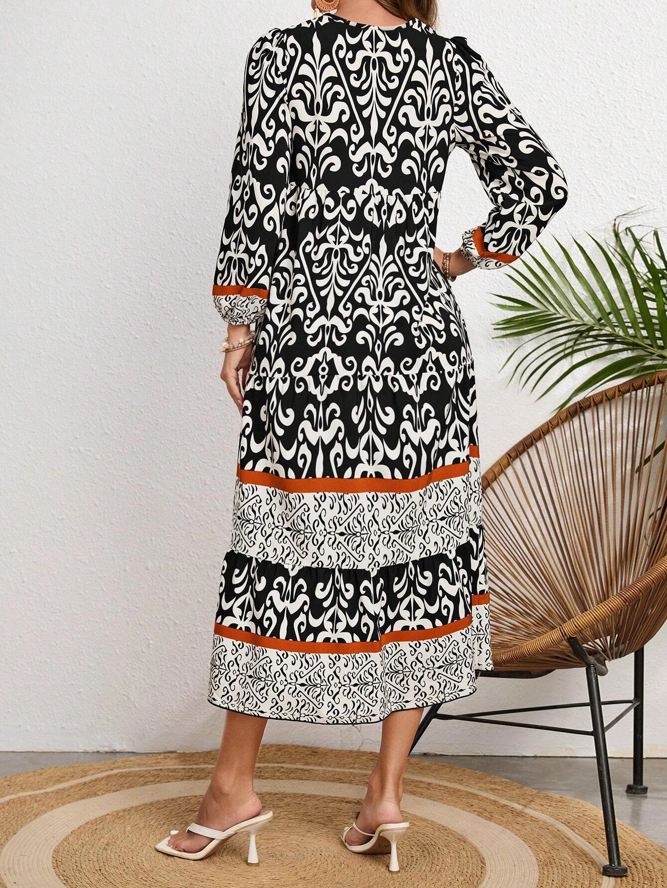 فستان نسائي بأكمام فانوس مطبوع للخريف والشتاء #2