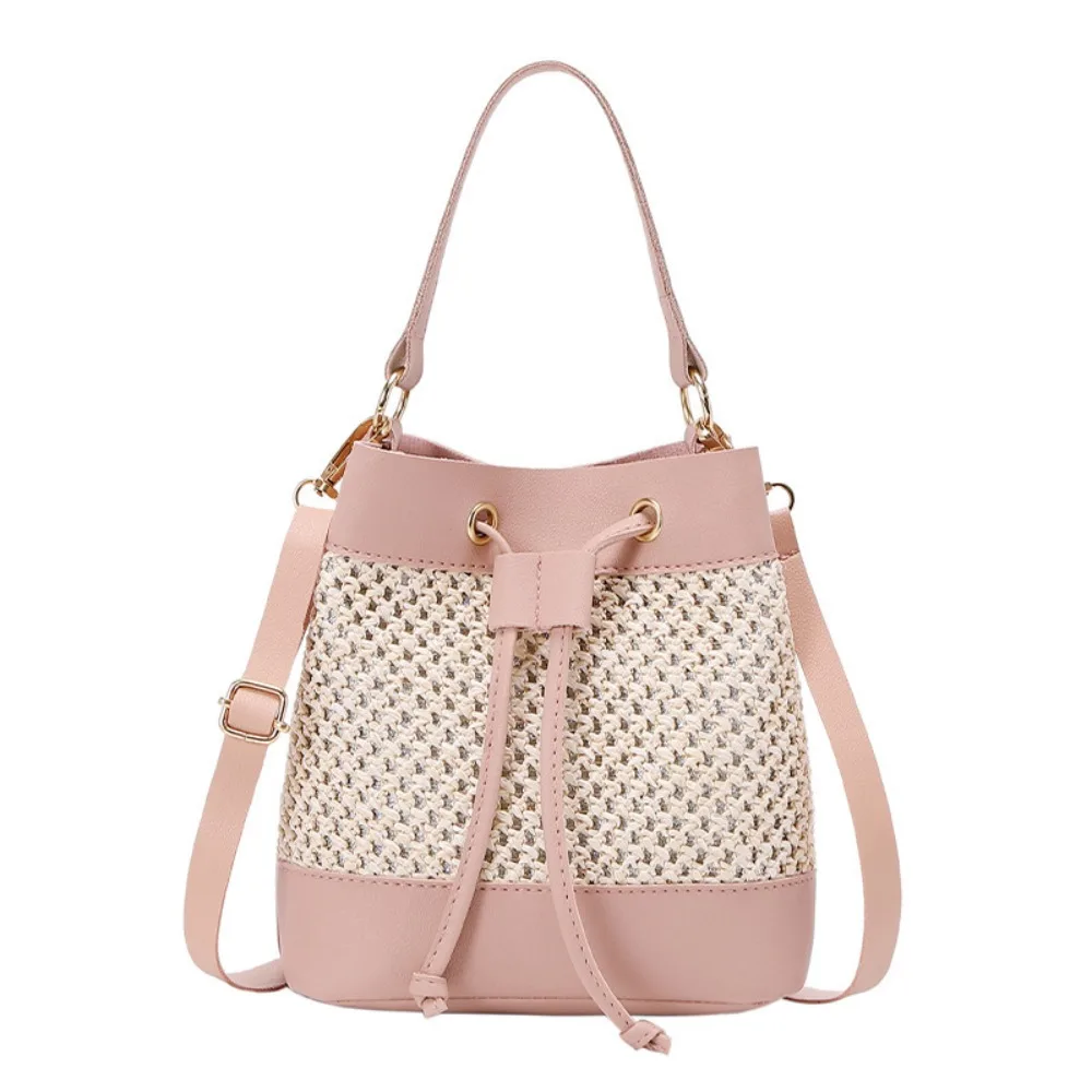 

Elegant Bundle Pocket Straw Crossbody Bag Woven Commute Drawstring Bucket Bag Messenger Bag Handbag Beach Shoulder Bag Daily