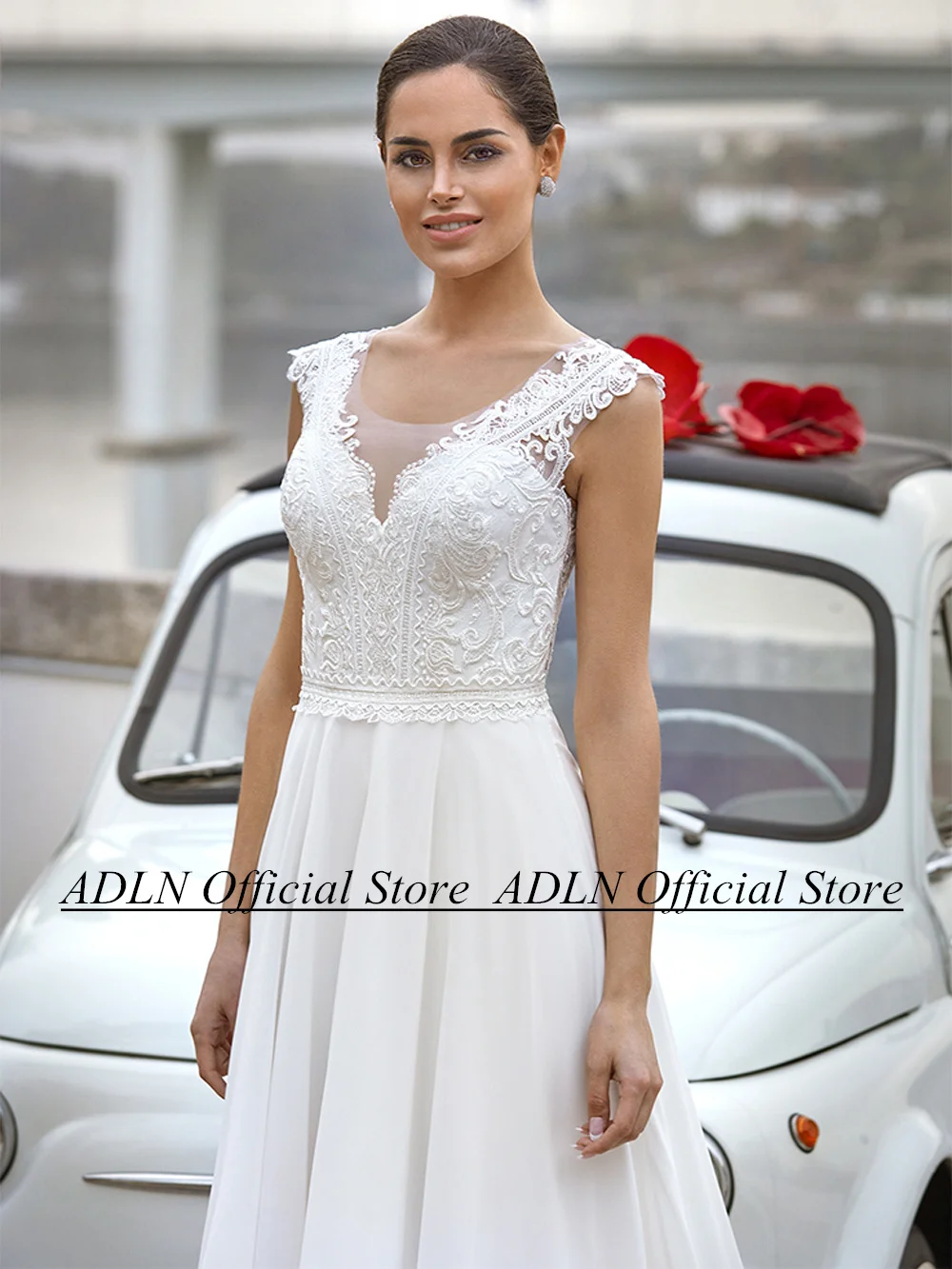 ADLN New Arrival Boho Wedding Dress Scoop Neck Cap Sleeve Applique Illusion Back Chiffon A Line Vestidos De Novia Bridal Gown