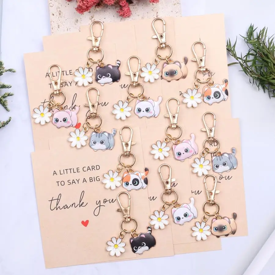 1/5/10/20/50/100pcs s/s Cute and Charming Kitten and Daisy Design Party Keychain Set, Thank You Themed Pocket Hug Cards, Pocket