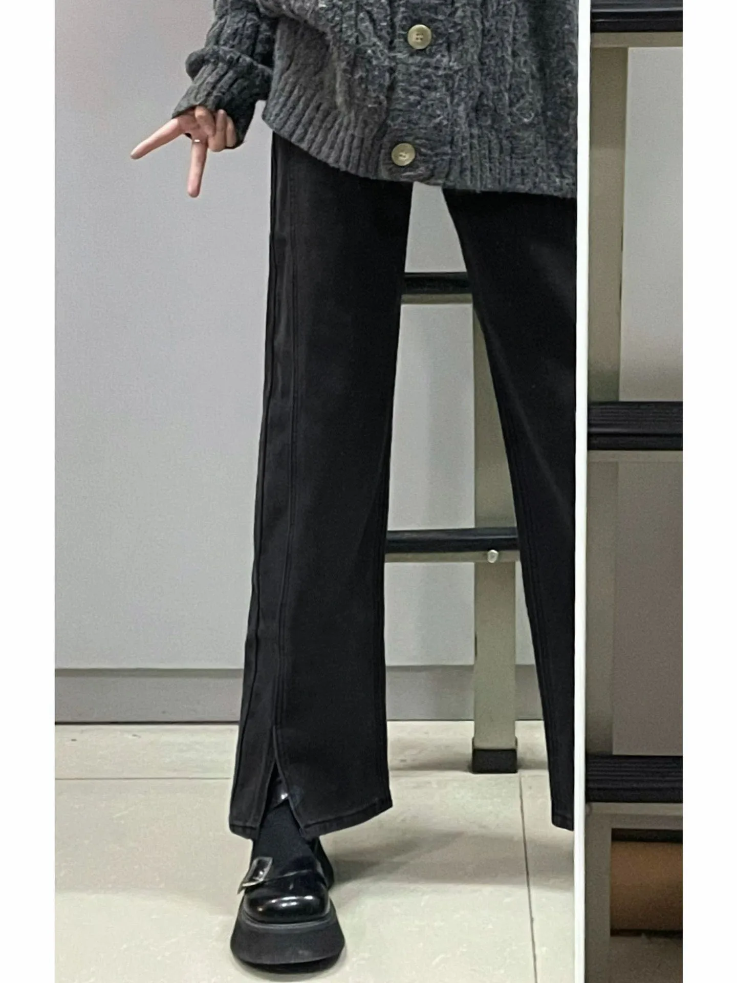

Ele High Waist Bla Denim Jeans for Women Slit Design Straight Leg Pants Spring Autumn Faion plus Size Unique