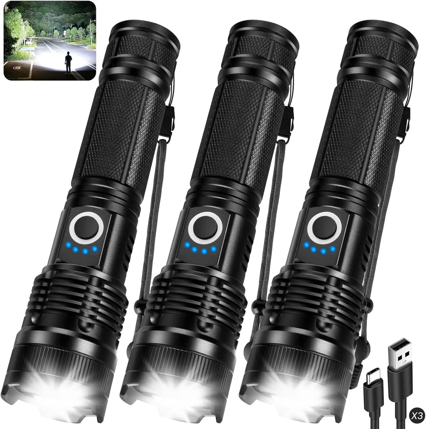 

3 Pack Rechargeable High-Lumen LED Flashlights, 990,000LM Super Bright, 5 Modes, USB Charging, Waterproof for Camping, Outdoor,
