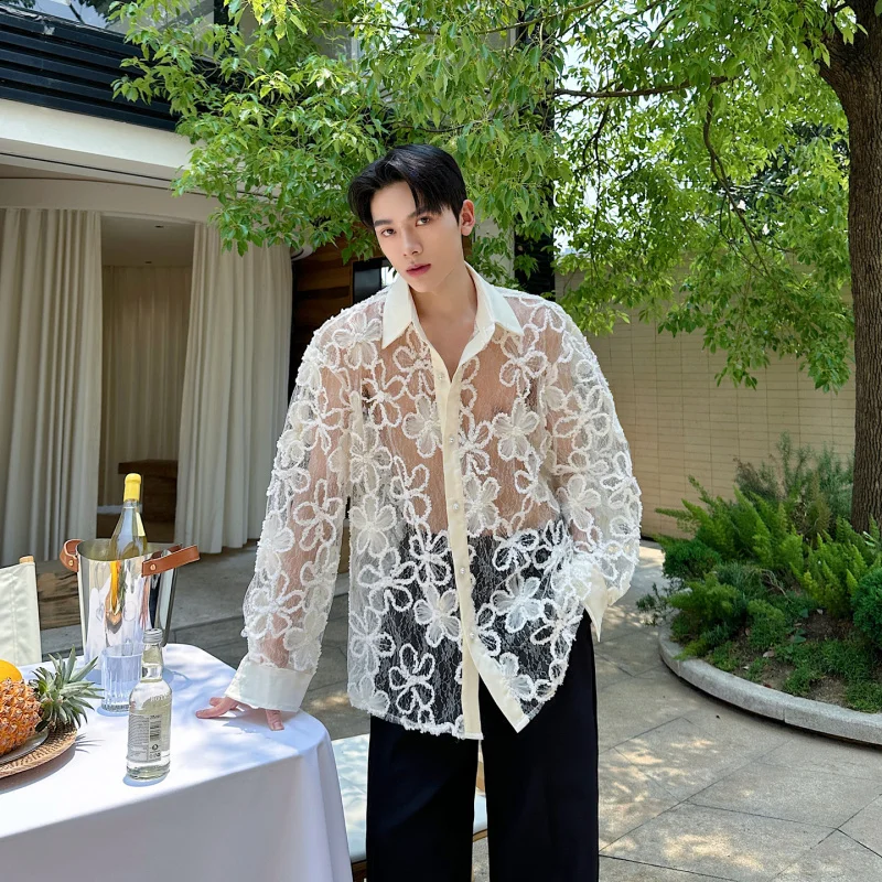 

Летняя мужская тонкая длинная рубашка-свитер с кружевным цветочным узором, ажурная, повседневная верхняя одежда из полиэфирного волокна, молодежный модный тренд 2025 года