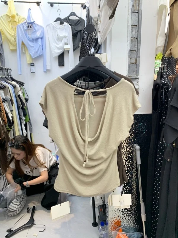 Summer Chic Women's T-Shirt Sleeveless Gathered Waist Belted Backless Short Sleeve round Neck Top Korean Style Commute Fashion