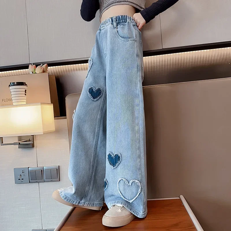 Girls Wide Leg Jeans for Spring Fall Pants for Kids Blue Heart Fashion Casual School Teenage Children Trousers 10 12 14 Years