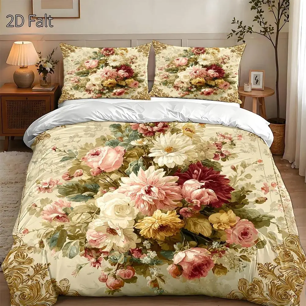 3-Piece Quilt Cover Set, 1 Quilt Cover + 2 Pillowcases (Without Filling) 2D Flat Printing, Three-Piece Quilt Cover Set, Classic Floral Theme, Vintage Oil Painting Style, Valentine's Day, Suitable for All Seasons, Machine Washable, Invisible Zipper, Large Quilt Cover Set, Bedding Set, Skin-Friendly and Breathable, Soft and Comfortable, Does Not Fade or Pill, for Home/Dormitory
