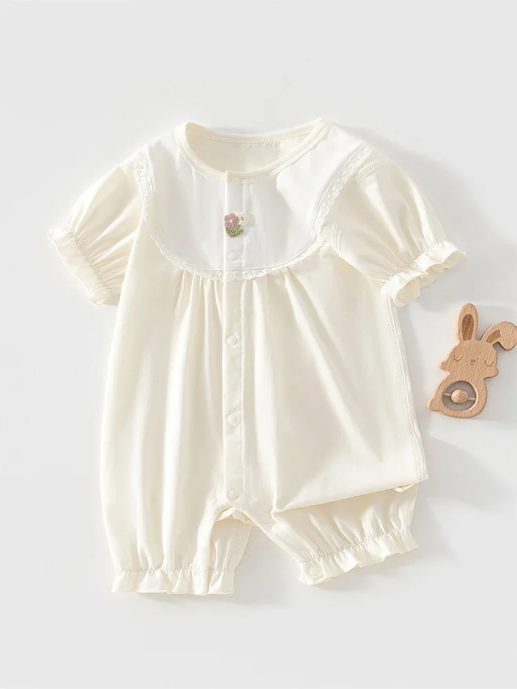 3-24M Summer Cute Baby Bodysuit Girls Floral Embroidery Lace Trim One Piece Clothes Infant Puff Sleeve Jumpsuit