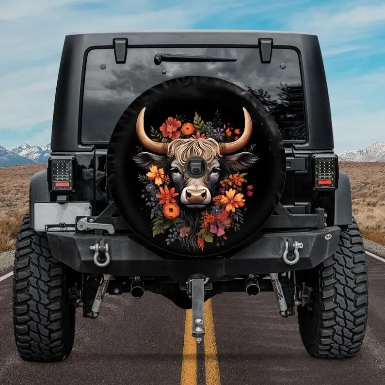 Highland Cow Spare Tire Cover compatible with Jeep, Bronco, Toyota, Farm Animal Spare Tire Cover, Backup camera hole Boho cow ti