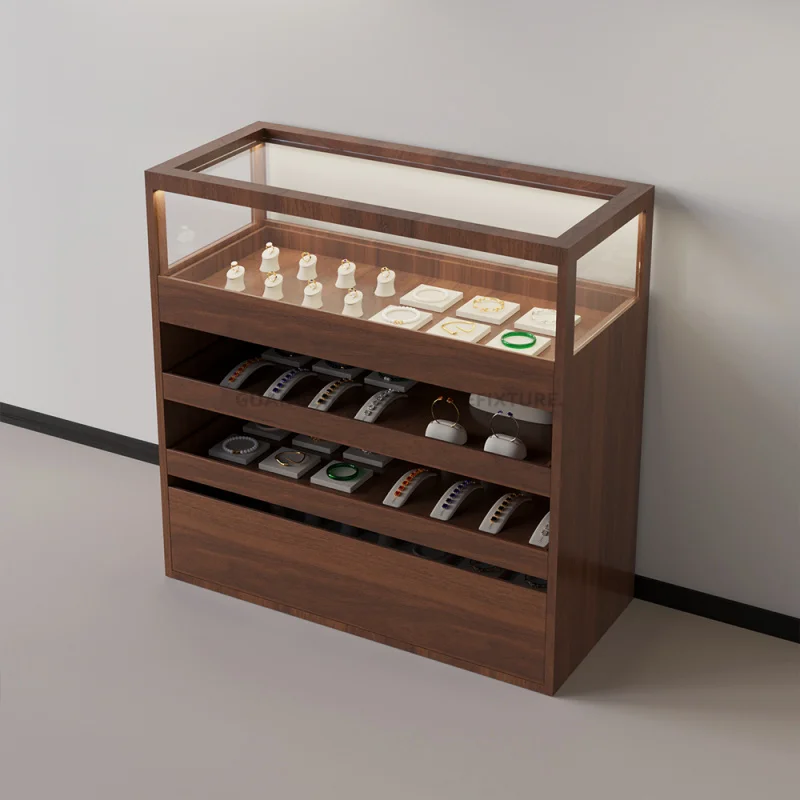 custom.Jewellery Shop Counter Custom Wooden Jewelry Showcase Earring Necklace Bracelet Display Stand Glass Watch Display Cabinet