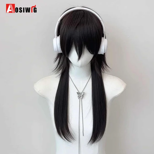 Imagen 2 del producto AOSI Peluca de cabeza de salmonete sintética larga y recta negra, cola de lobo en capas, peluca esponjosa para mujeres y hombres para fiesta diaria, Cosplay de Lolita