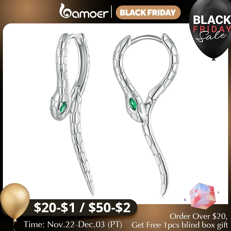 BAMOER 925 Sterling Silver Snake Ear Buckles Green Zircon Hoop Earrings for Women Personalized Fine Jewelry Gift BSE792