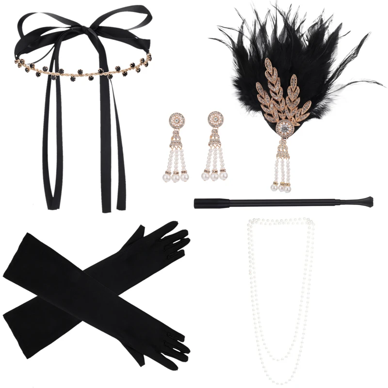 Ensemble d'accessoires de costume évasé des années 1920 pour femmes, boucles d'oreilles, bracelet de sauna en plumes, collier de perles, porte-gants Laguna, 216.239.