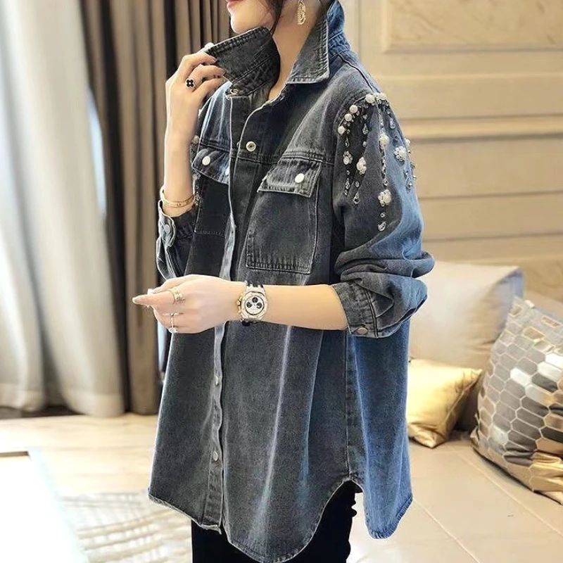 

Women Denim Jacket Casual Coats Solid Button Long Sleeve Polo Collar Pockets Jackets Single Breasted Slight Strech 2025 Autumn